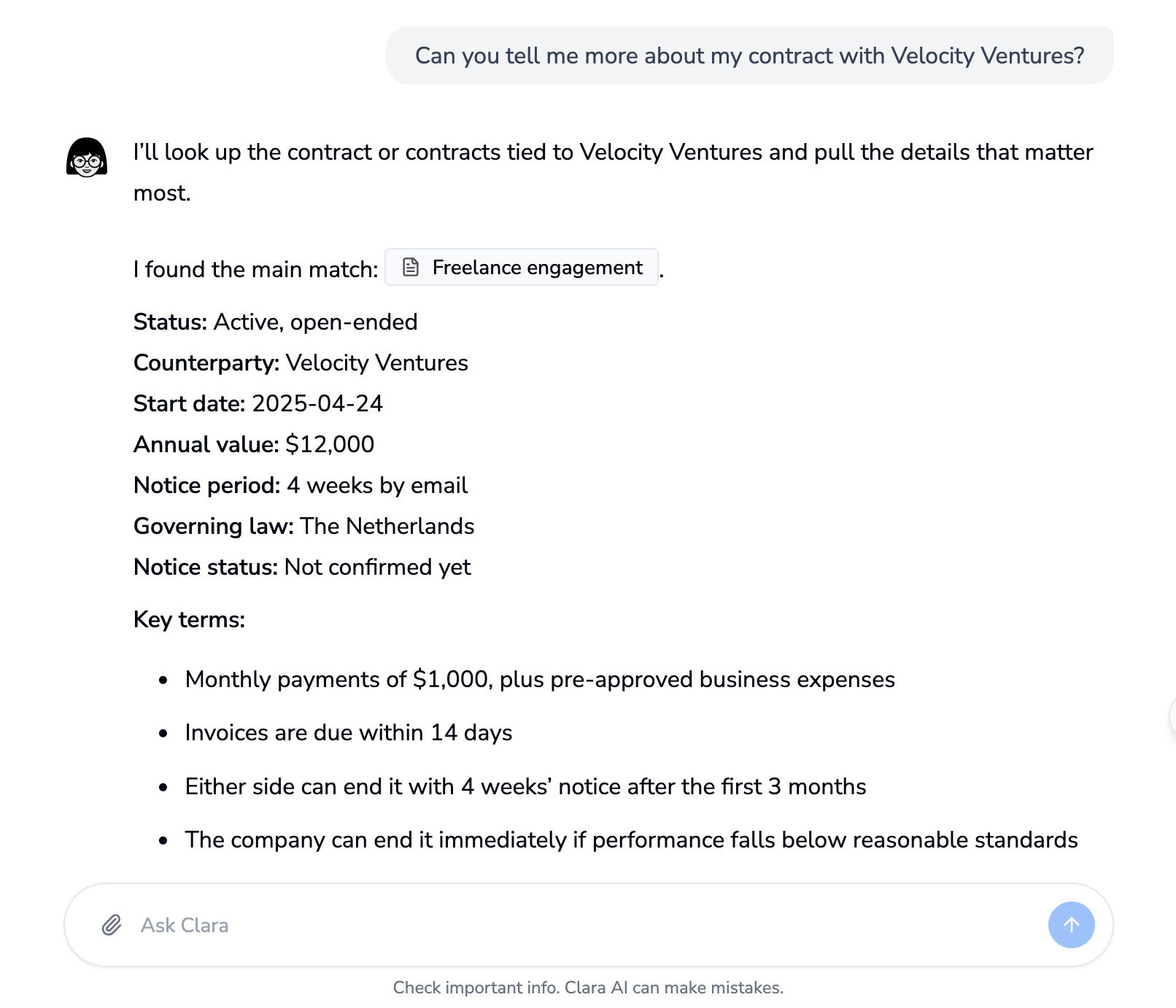 Clara AI answering contract-specific review questions alongside the contract viewer