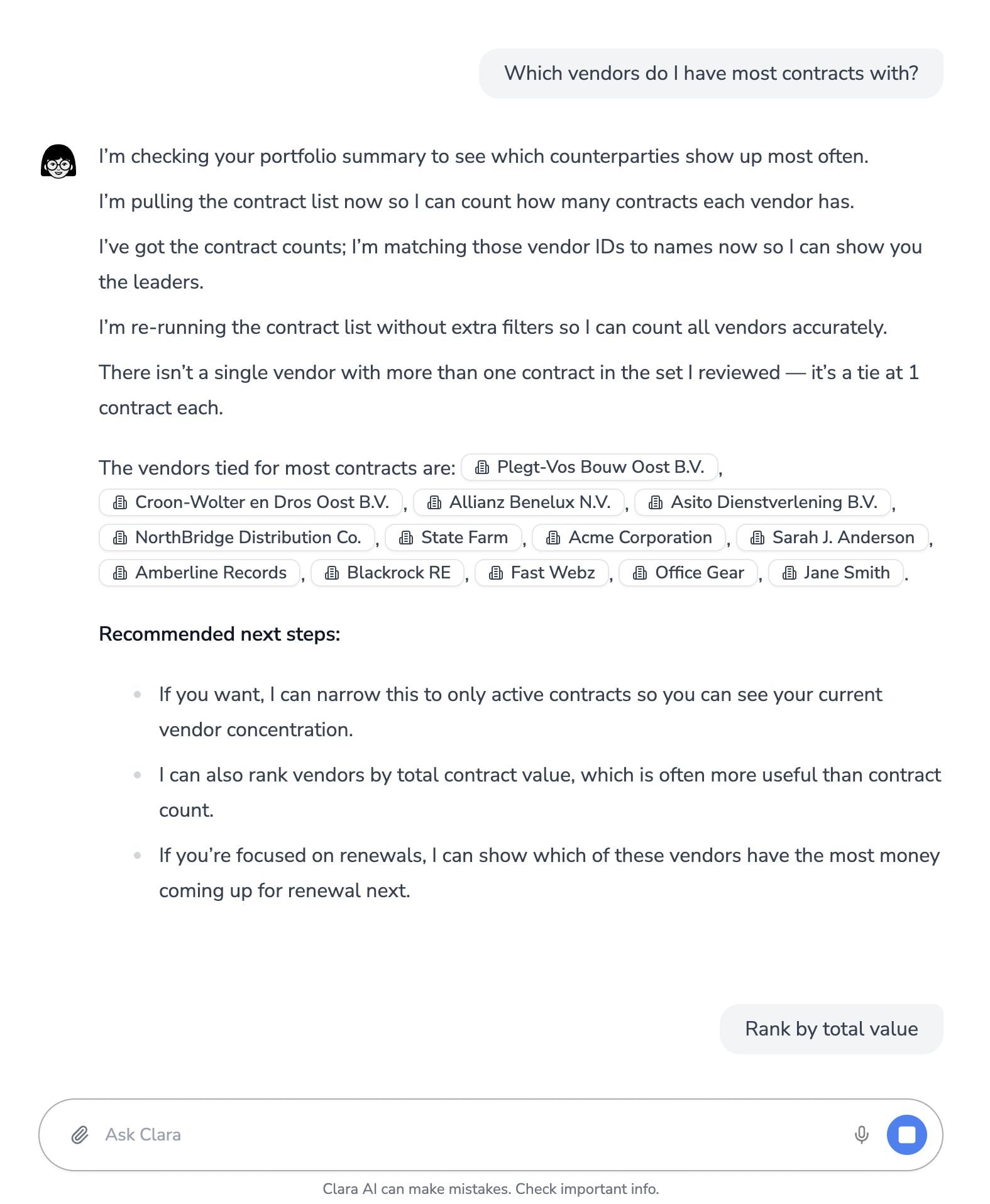 Clara AI ranking top vendors across the whole contract portfolio