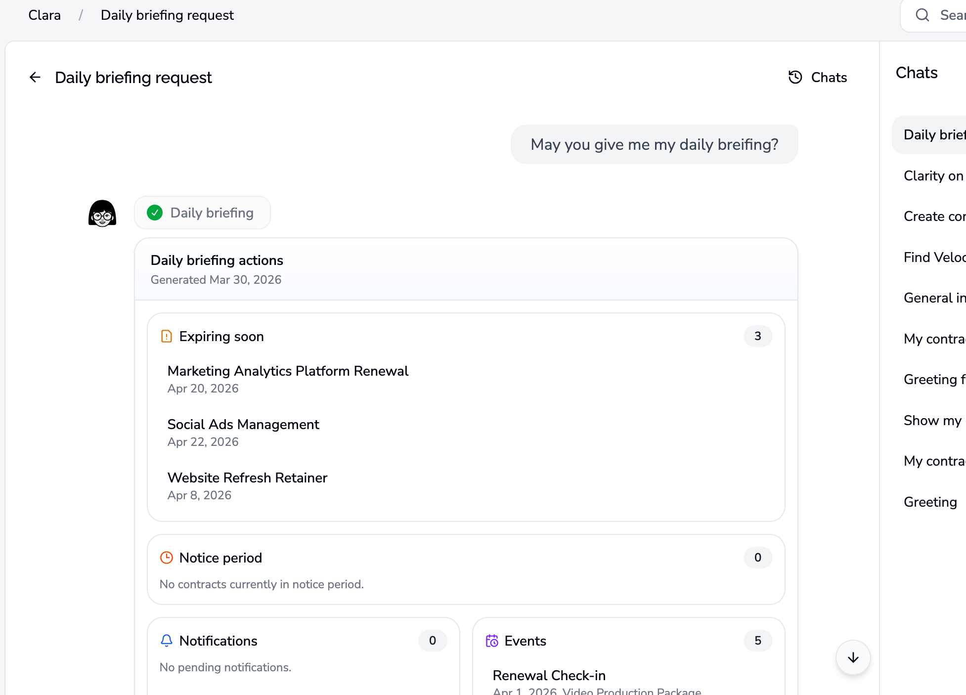 Clara AI daily briefing showing upcoming contract events and priority actions