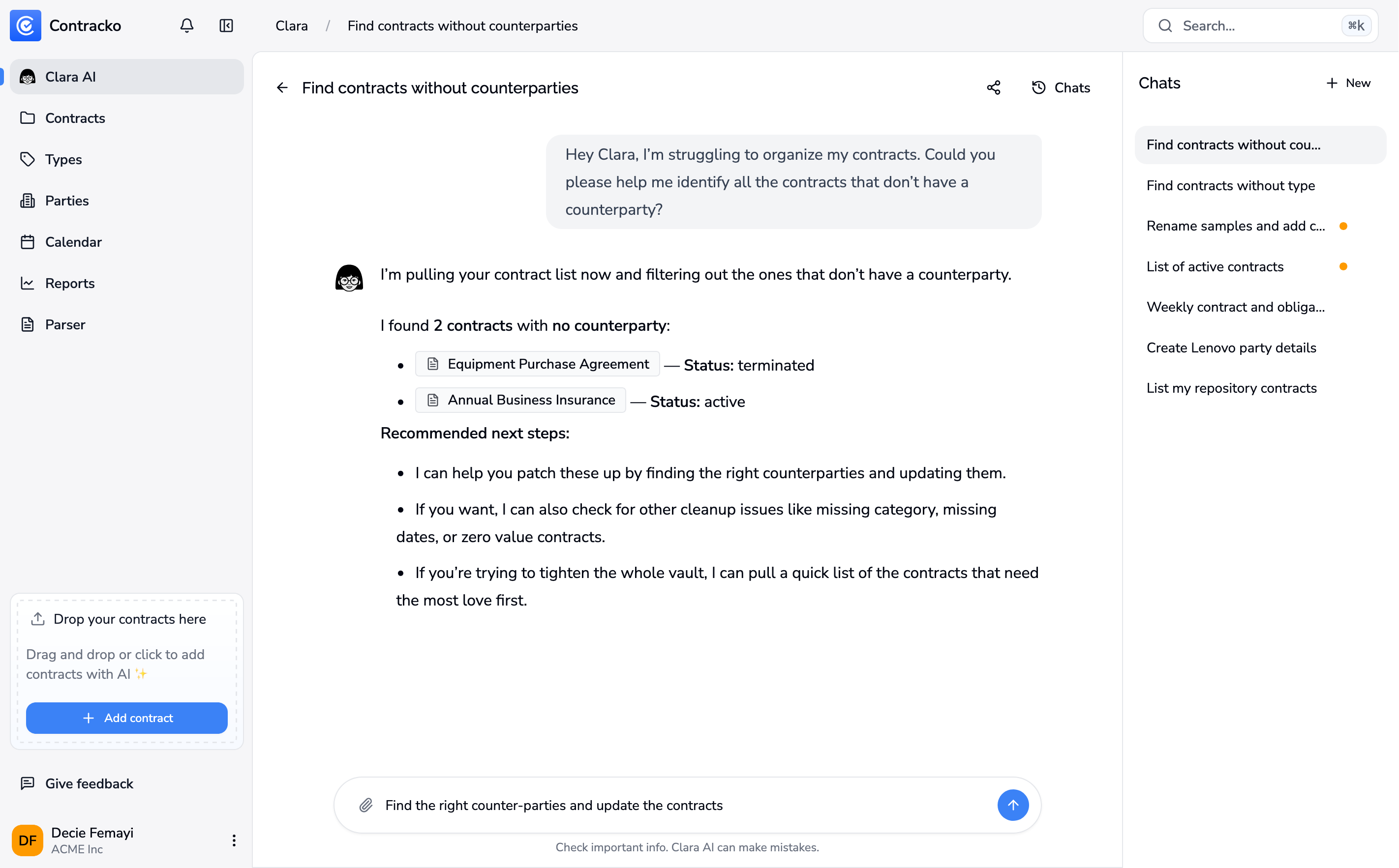 Clara legal AI assistant home screen inside Contracko with chat suggestions and contract workflows